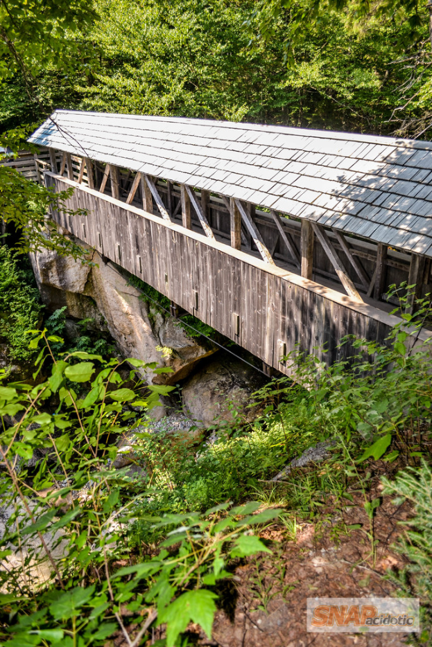 Eine Brücke mit Holzgeländern, umgeben von Bäumen, Pflanzen und Felsen, mit einem Wasserzeichen in der rechten unteren Ecke.