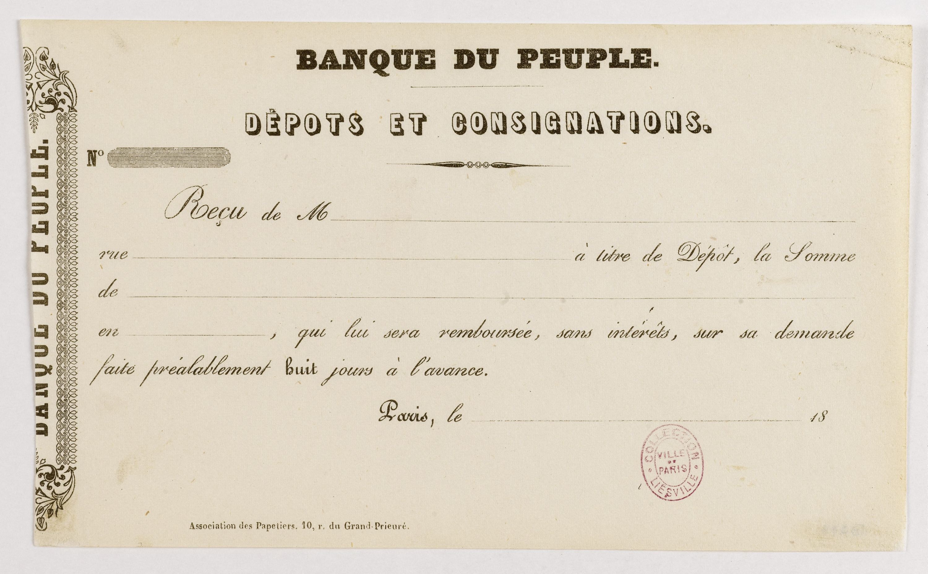 Old French banknote with "Banque du Peuple Depots et Consignations" text and a stamp, displayed against a white background.
