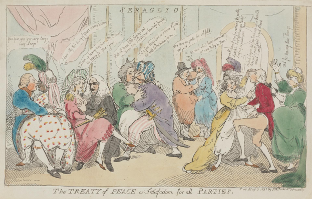 Eine handgezeichnete Skizze auf Papier zeigt eine gemischte Gruppe sitzender und stehender Menschen mit dem Text "Der Friedensvertrag für alle Parteien" darunter.