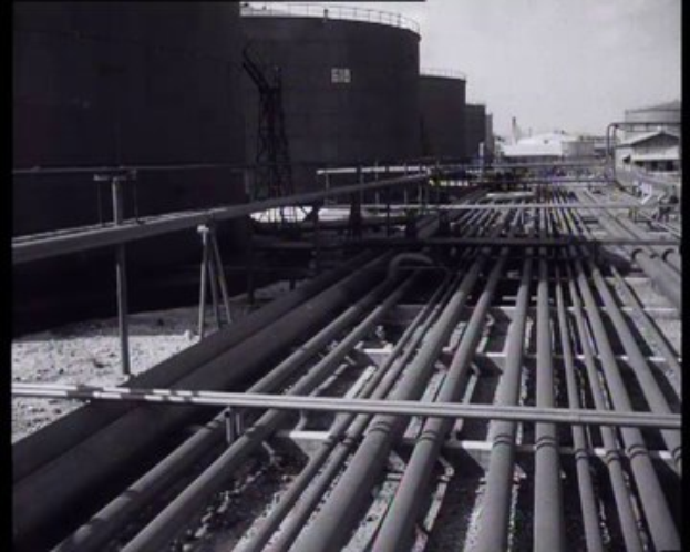 Black and white photo of a large group of pipes arranged in a neat line in a factory, with buildings and a clear sky in the background, and text at the top and bottom of the image.
