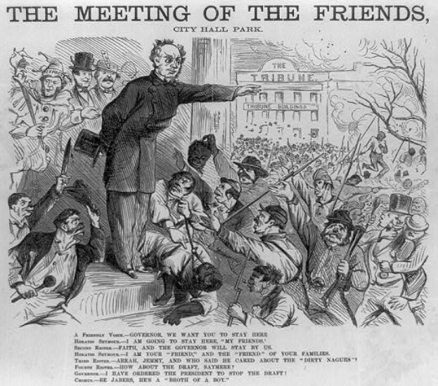 Eine handgezeichnete Skizze auf Papier, die eine Gruppe von Menschen mit Waffen in City Hall Park zeigt, mit einem Gebäude im Hintergrund und der Aufschrift "Die Zusammenkunft der Freunde, City Hall Park."