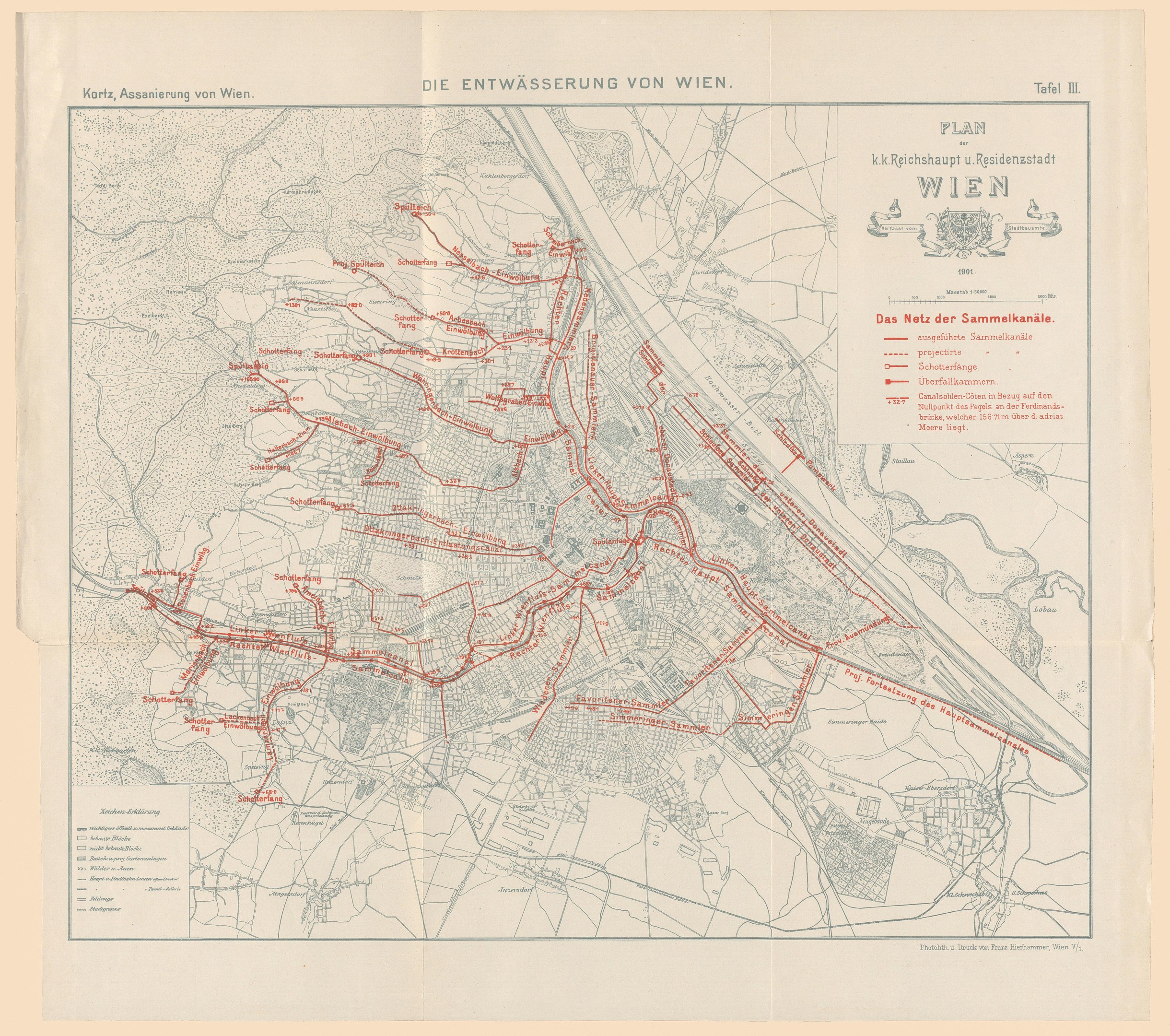 Old map of Wien, Germany, with red lines marking a train route, printed on paper with text.