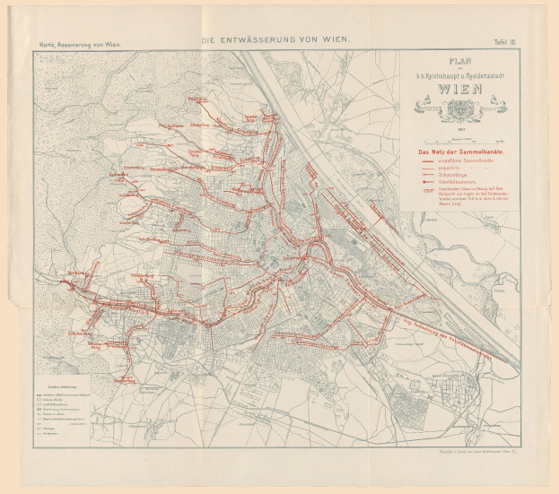 Old map of Wien, Germany, with red lines marking a train route, printed on paper with text.