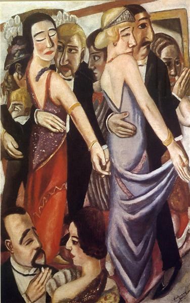 Painting titled "Dance at the Ballroom" by Henri Matisse showing people dancing energetically in a ballroom with a photo frame on the wall.