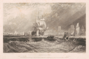 Eine Gravur eines Schiffs, das in der Nähe von Gebäuden auf einem cloudy sky unter einer text 'Portsmouth, England by Thomas Rowlandson' am Boden segelt.