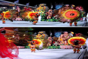 Ein Collage mit Menschen, die auftreten, einer Statue und einem Gebäude.