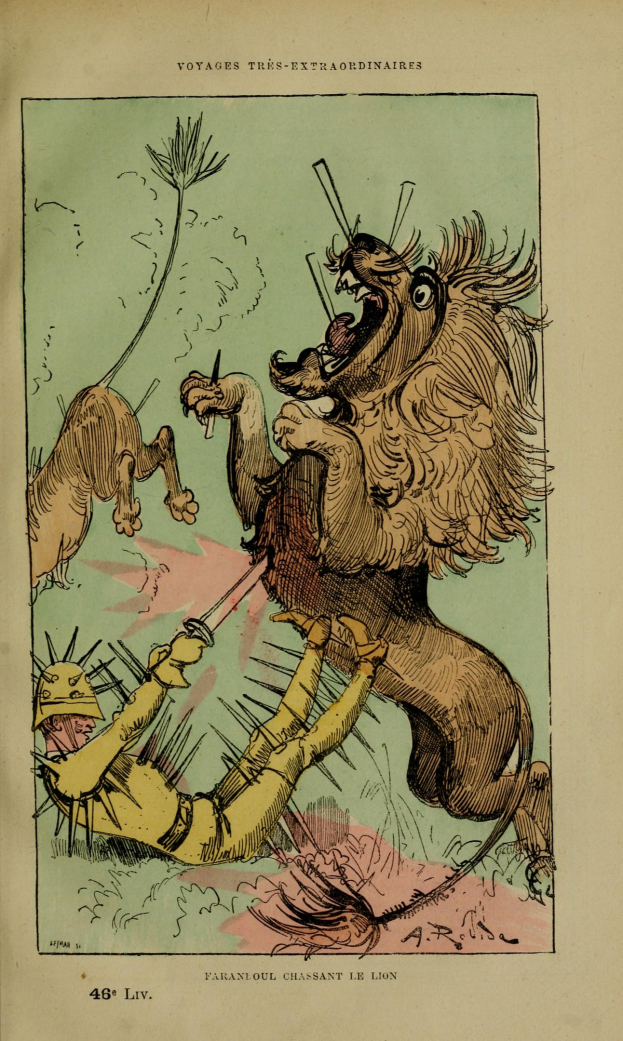 Buchumschlag mit Illustration eines Mannes in einem Helm, der einen brüllenden Löwen mit einem Schwert bekämpft, Titel 'Löwe'.