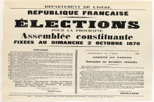Alte gelbliche französische Zeitungsanzeige aus der Wahl von 1870 mit schwarzer Kursivschrift auf weißem Hintergrund.