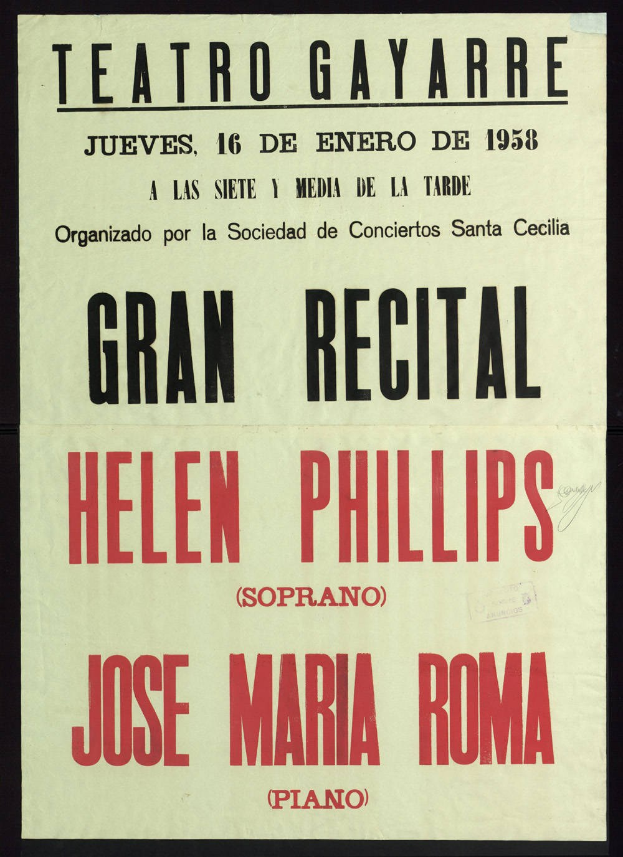 Konzertplakat mit Helen Phillips und Jose Maria Roma mit Textbeschreibung des Ereignisses