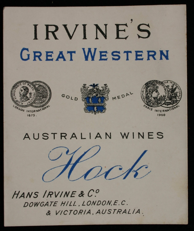 Plakat, das "Irvines Große Western Australian Wines Hock" bewirbt, mit Firmenlogos, wahrscheinlich verschiedene Weinsorten.