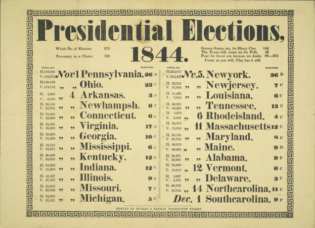 A leather-bound book titled "Presidential Elections, 1844" with a decorative border, listing election results by state in bold font with each state in a different color.