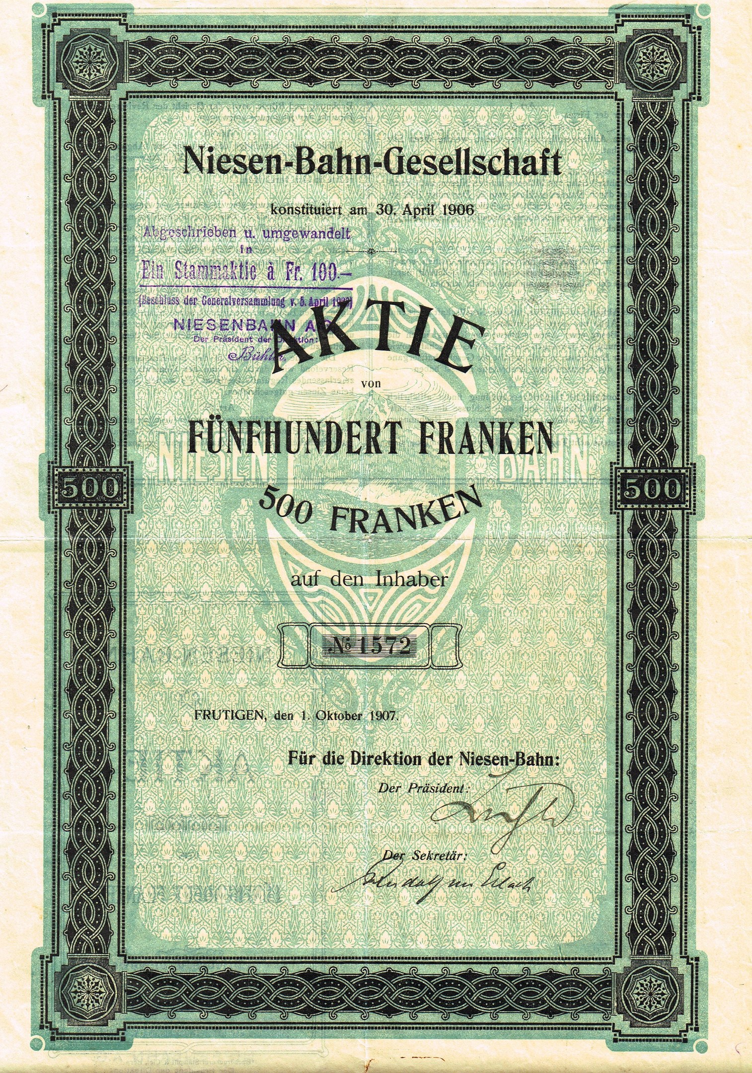 Old German stock certificate with a green border, labeled "Niesen-Bahn-Gesellschaft," likely issued by the German government.