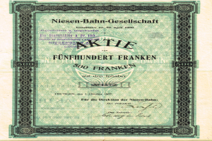 Old German stock certificate with a green border, labeled "Niesen-Bahn-Gesellschaft," likely issued by the German government.