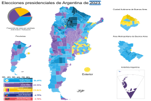 A map of Argentina with colored regions showing 2023 presidential election results, accompanied by text and a pie chart.