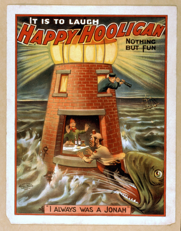 A poster featuring a lighthouse surrounded by people, a fish, and water, with the text "It is to laugh, happy hooligan, nothing but fun" at the top and bottom.
