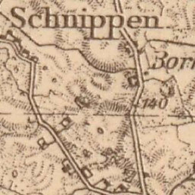 Detailed old map of Schmippen, Germany, displaying streets, buildings, and landmarks with additional text about population, roads, and notable features.