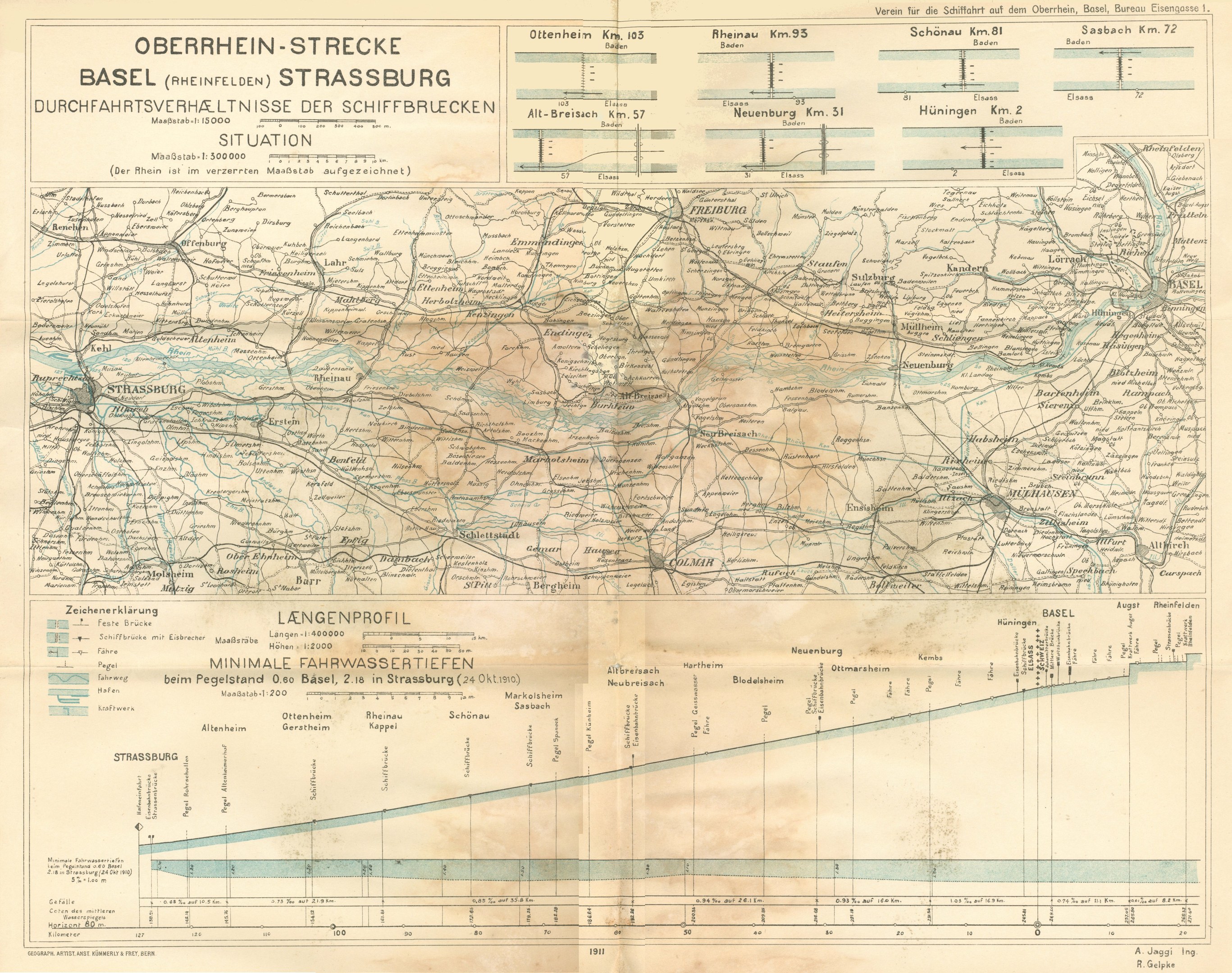 Alte Karte des Basel-Strasbourg-Gebiets, Deutschland, mit Text und Linien, die das Ausmaß einer Eisenbahnlinie hervorheben.