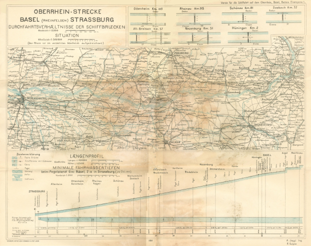 Alte Karte des Basel-Strasbourg-Gebiets, Deutschland, mit Text und Linien, die das Ausmaß einer Eisenbahnlinie hervorheben.