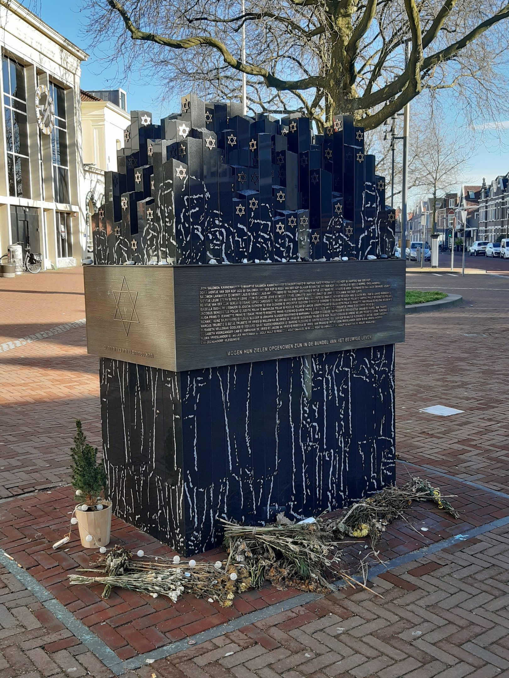 Denkmal für Holocaust-Opfer in einem Stadtplatz, mit einem Baum davor, Topfpflanze, verstreuten trockenen Blättern und Gebäuden, Fahrzeugen, Masten und Bäumen im Hintergrund.