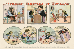 Ein Blatt mit der Überschrift "Nursery Rhymes of Toyland" in einer verspielter Schrift, mit bunten Illustrationen von Kindern, die mit Spielzeugen wie einem Plüschtier, einem Spielzeugauto und einer Spielzeugeisenbahn spielen, umgeben von einem Sternen- und Herzrand auf einem hellblauen Hintergrund.