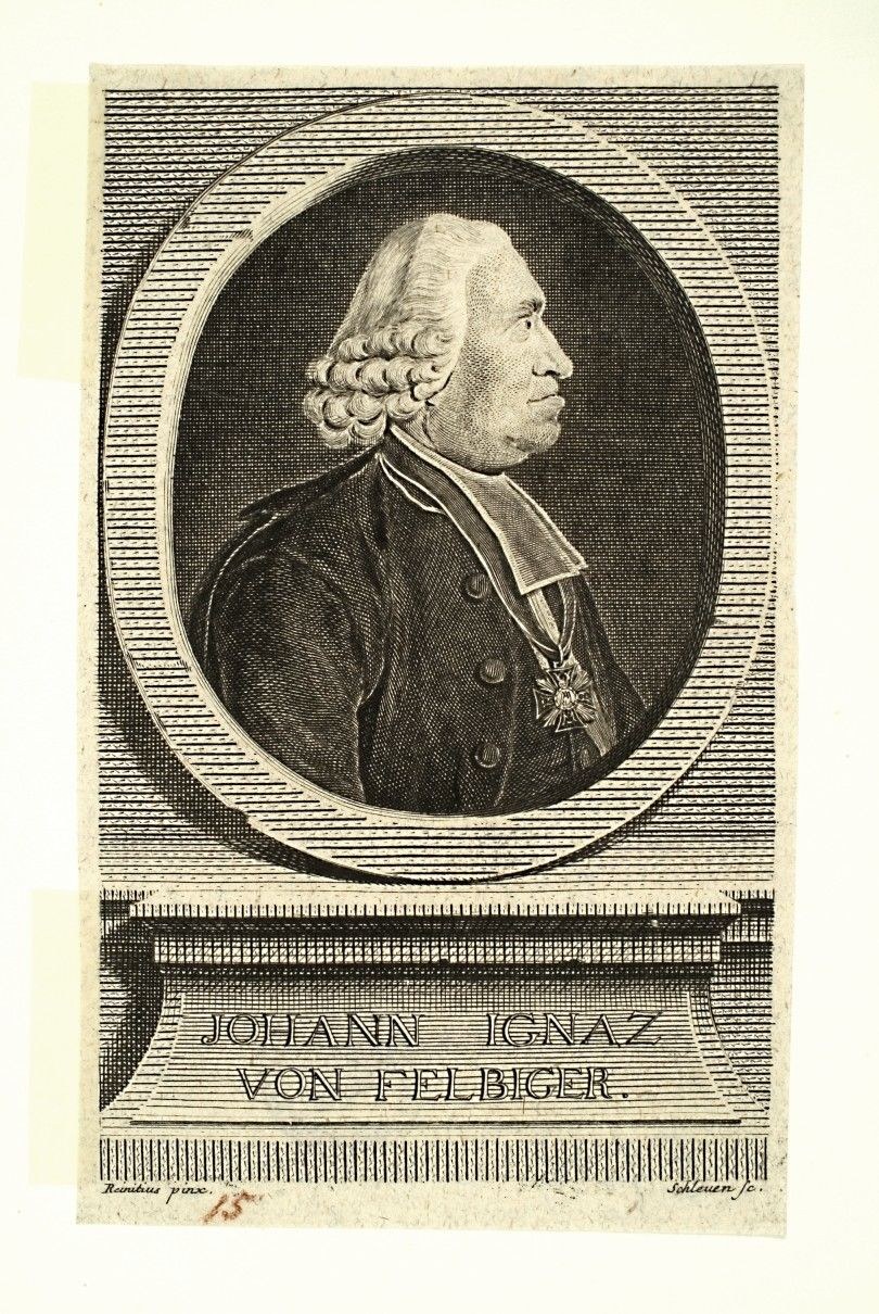 Black and white engraving of Johann Ignaz von Felbiger, a German statesman, wearing a coat with text at the bottom.