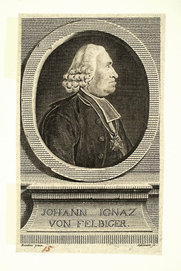 Black and white engraving of Johann Ignaz von Felbiger, a German statesman, wearing a coat with text at the bottom.