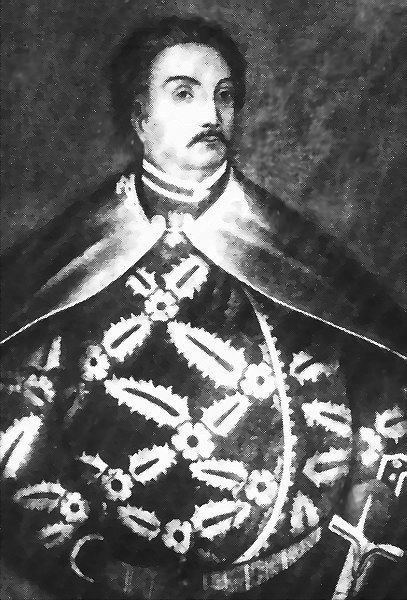 Schwarzes und weißes Foto von Papst Johannes Paul II. in Priesterrobe, der eine schwarze Robe mit weißem Kragen und Manschetten trägt und die Hände gefaltet hat, ernsthafter Gesichtsausdruck und direkter Blick.