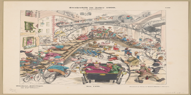 Ein altes Buch mit einer Zeichnung einer verzweifelten Menge an einem Bahnhof von 1900, gerahmt und beschriftet mit "Straßenbild im Jahre 1900".