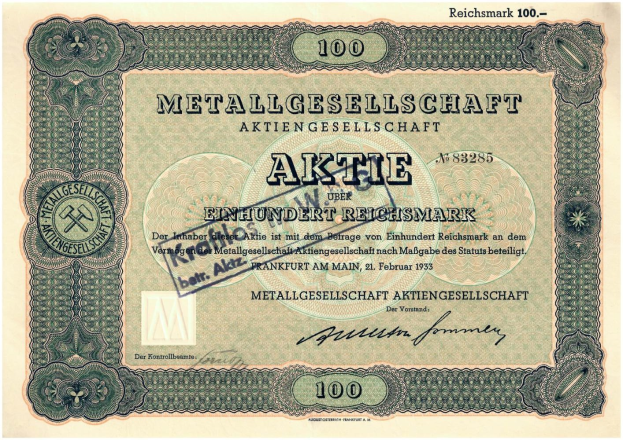 Alte deutsche 100 Reichsmark-Banknote von 1933 mit "Metallgesellschaft Aktie"-Aufdruck