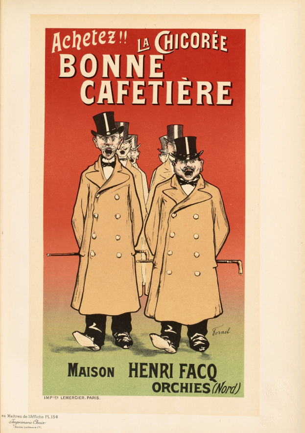 Poster advertising a Paris restaurant with a group of people in coats and hats and the text "Bonne Cafetiere" at the top.