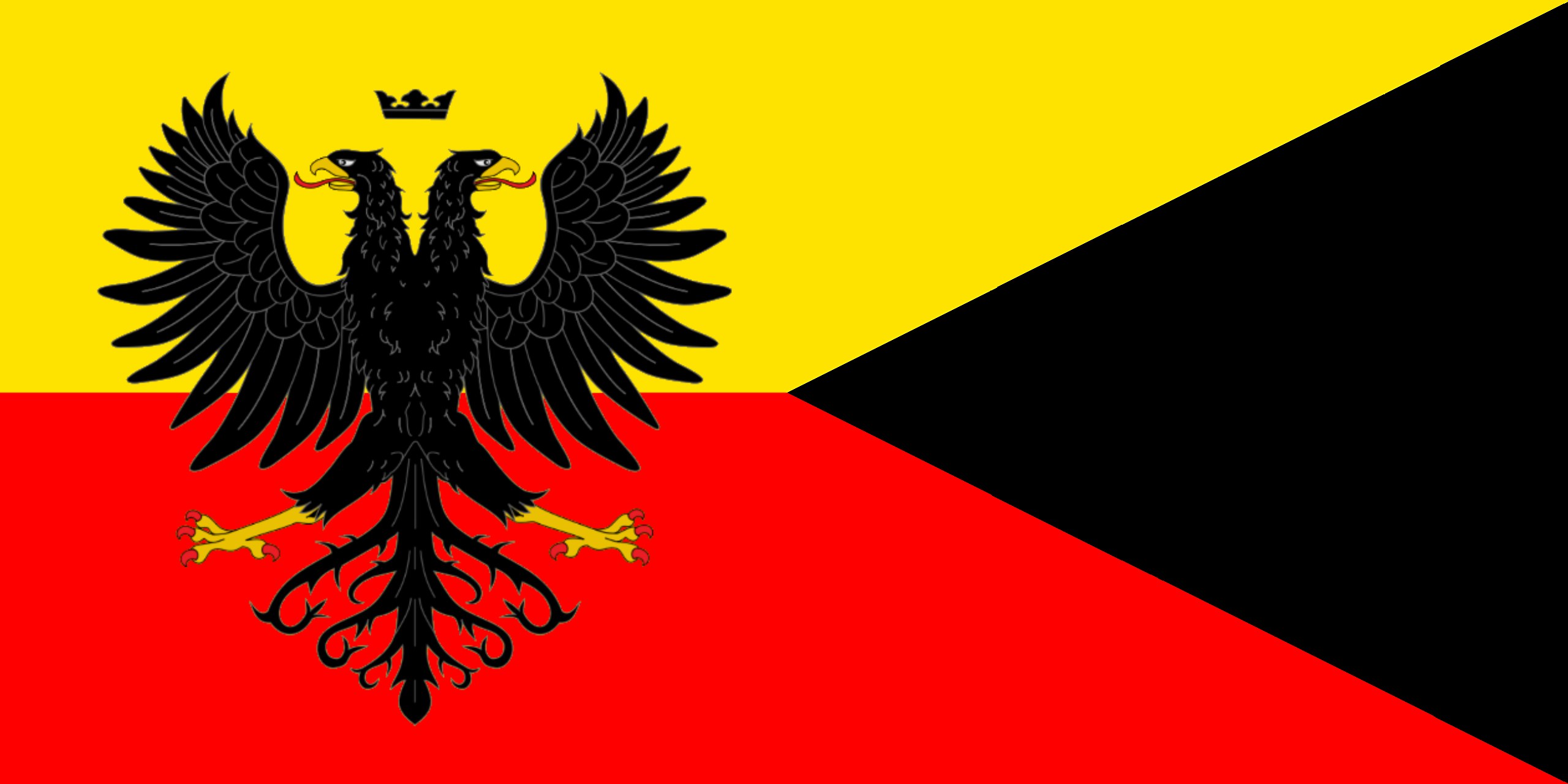 Deutsche Flagge mit drei waagerechten Streifen Schwarz, Rot und Gold, die einen schwarzen Doppeladler in der Mitte mit ausgebreiteten Flügeln und erhobenem Haupt zeigen.