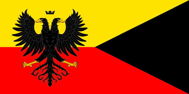 Deutsche Flagge mit drei waagerechten Streifen Schwarz, Rot und Gold, die einen schwarzen Doppeladler in der Mitte mit ausgebreiteten Flügeln und erhobenem Haupt zeigen.