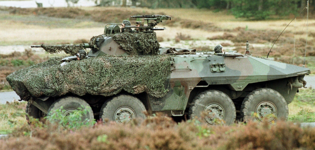 Militärischer Personentransporter mit montierter großer Kanone auf einer Straße neben einem Wald.