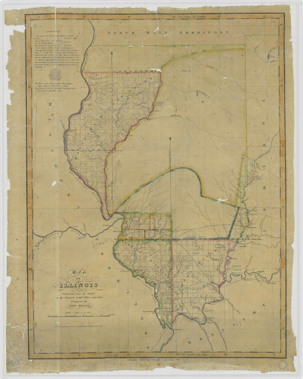 Old map of Illinois with the county of Illinois highlighted, framed in a photo frame.