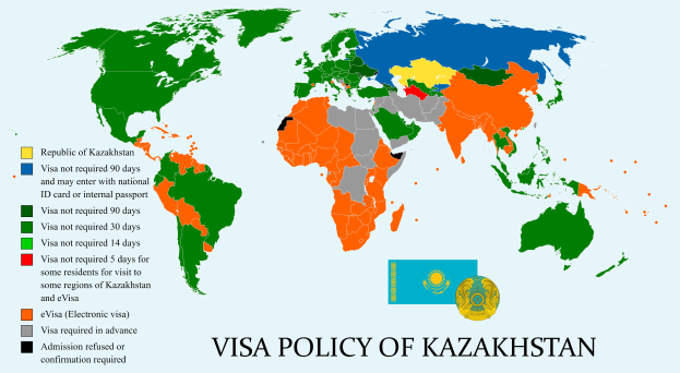 World map colored to indicate Kazakhstan's visa policy, with "Visa Policy of Kazakhstan" text at the bottom.