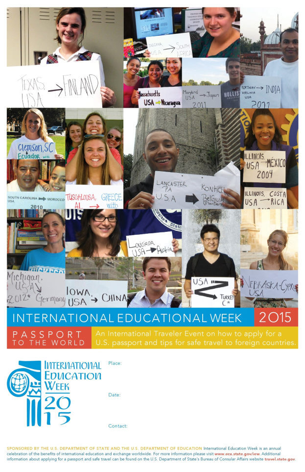 Plakat für die Internationale Bildungswoche 2015 mit einer Gruppe strahlender Menschen, die Schilder halten und Text mit Veranstaltungseinzelheiten.
