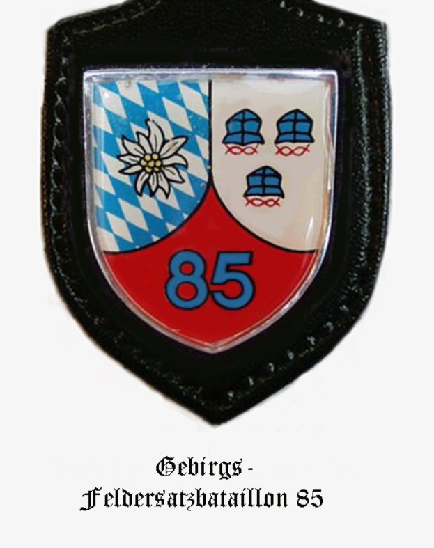 Ein rundes Abzeichen mit der Zahl 85 und deutschem Text unten, das das Logo der bayerischen Fußballmannschaft darstellt.