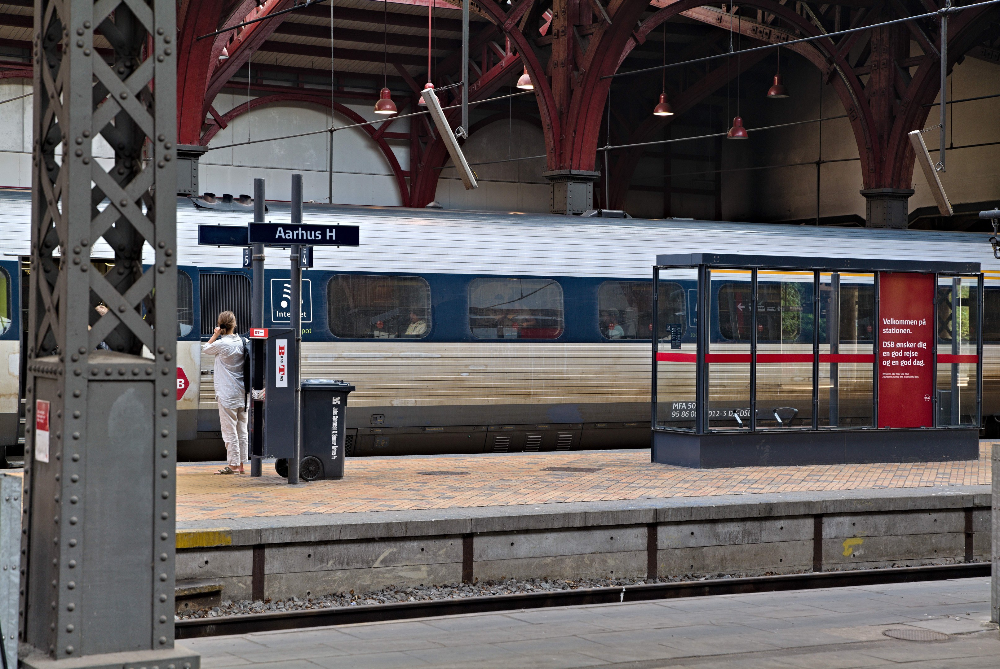 Ein Zug fährt auf einem Bahnsteig ein mit einer Person in der Nähe, einem Müllcontainer, Stützen, Informationsschildern und Deckenleuchten.
