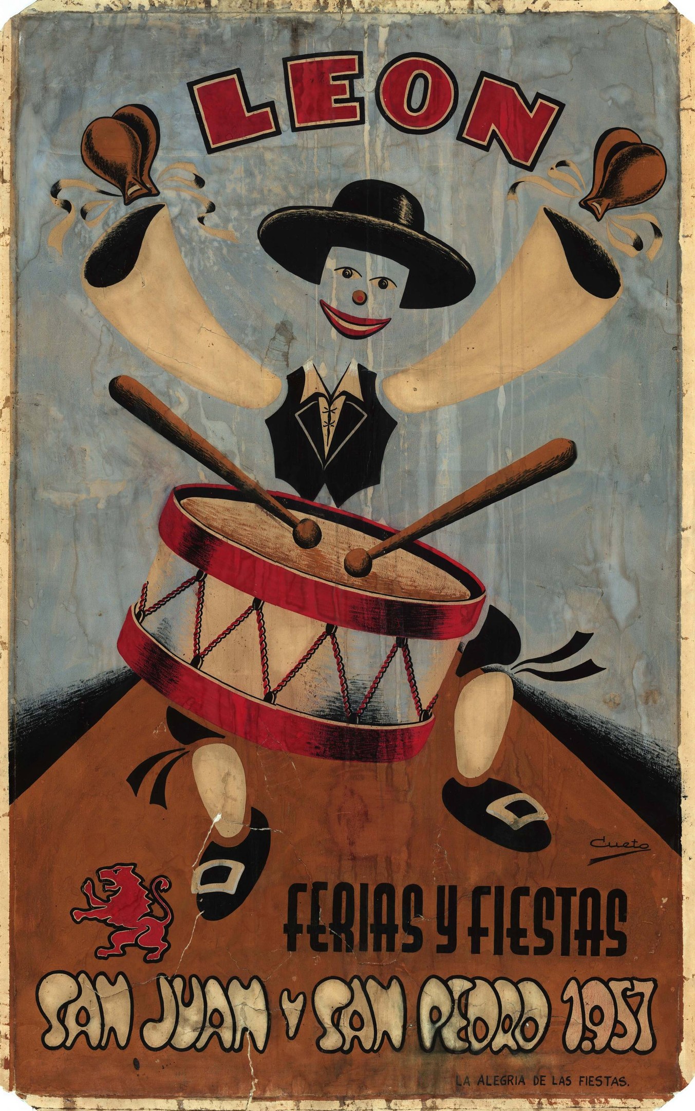 Plakat für 'Leon Feria y Fiestas'-Karneval in San Juan, Puerto Rico, mit einer Person in farbenfrohem Kostüm, die ein Musikinstrument spielt, vor einem gelben Hintergrund.