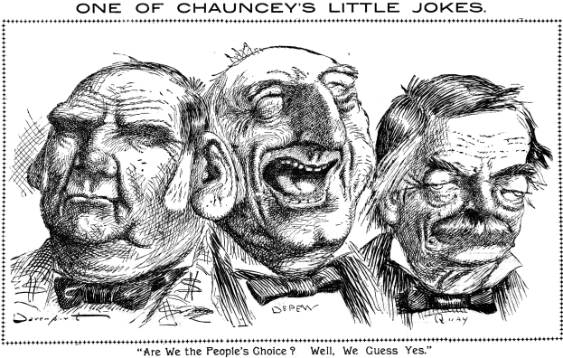 Plakat mit der Aufschrift "Einer von Chaunceys kleinen Scherzen" mit drei lachenden Cartoon-Figuren.