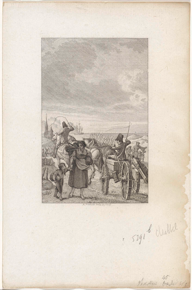 Ein Gravur eines von Pferden gezogenen Wagen, der eine Gruppe von Menschen trägt, mit einem bewölkten Himmel im Hintergrund und dem Text "William Hogarth, 'The Battle of Clubeck'" unten.
