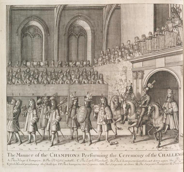 Eine Zeichnung einer Gruppe von Menschen, einige zu Pferde, die vor einer Menge mit einem Gebäude im Hintergrund stehen, mit Text unten, der "Die Art und Weise, wie die Champions die Herausforderung durchführen" lautet.