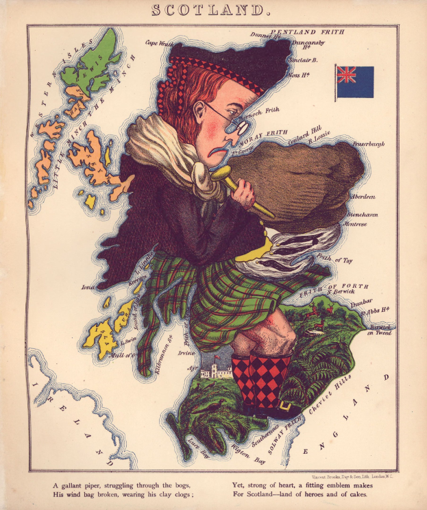 A historical map of Scotland featuring a man in traditional Scottish attire playing bagpipes, with printed text and a flag visible on the map.