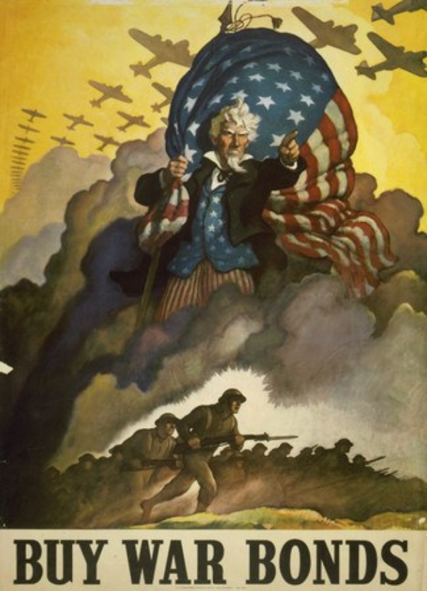 Poster featuring a man holding an American flag, surrounded by armed people and flying aircraft, with "Buy War Bonds" text at the bottom.