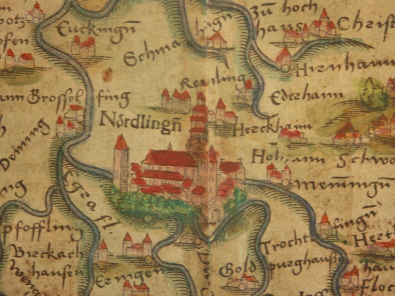 Detailed map of Nordlingen, Germany, highlighting buildings, trees, and surrounding towns with informative text annotations.