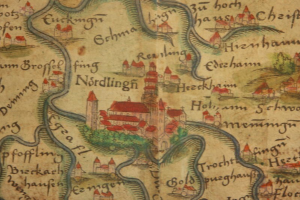 Detailed map of Nordlingen, Germany, highlighting buildings, trees, and surrounding towns with informative text annotations.