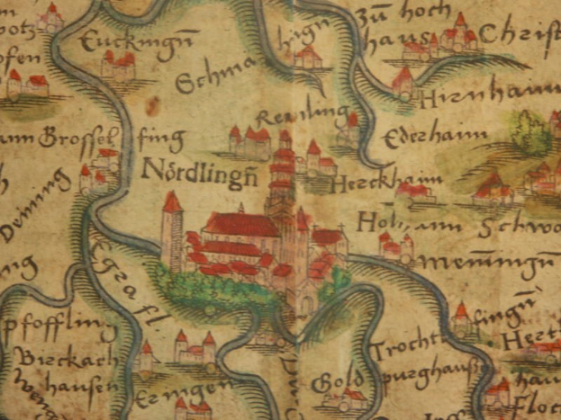 Detailed map of Nordlingen, Germany, highlighting buildings, trees, and surrounding towns with informative text annotations.