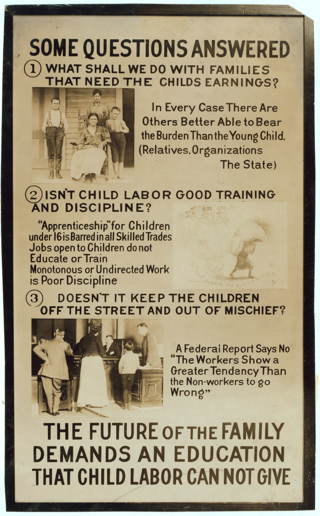 Ein Plakat mit Text und Bildern von verschiedenen Menschen, die in einem Kreis vor einem gelben Hintergrund stehen und Bildung statt Kinderarbeit fördern.