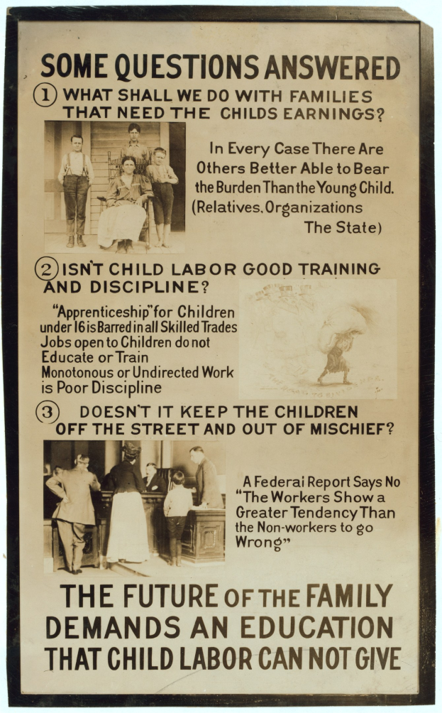 Ein Plakat mit Text und Bildern von verschiedenen Menschen, die in einem Kreis vor einem gelben Hintergrund stehen und Bildung statt Kinderarbeit fördern.