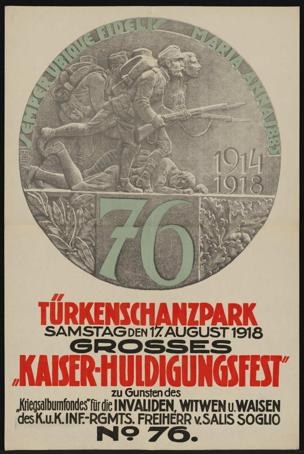 Poster for the 70th anniversary of the Kaiser-Huldigungsfest in Berlin, Germany, featuring a group of people in the center, framed in a photo frame with surrounding text and numbers.